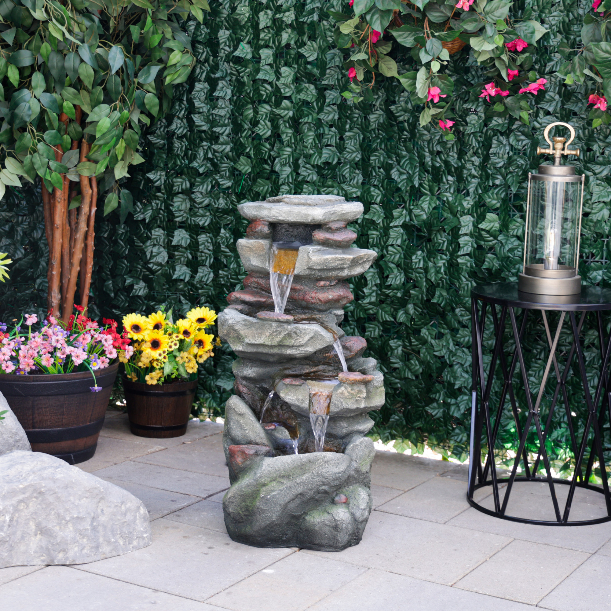 Alpine Corporation TZL408 31" Multi Level Rock Fountain with LED Lights, Elegant Outdoor Cascading Waterfall Feature for Garden, Patio, Backyard & Lawn Decor, Relaxing Rock Water Feature, Gray